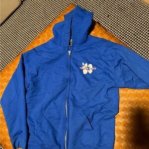 Blue Zip-Up Hoodie with Floral Logo